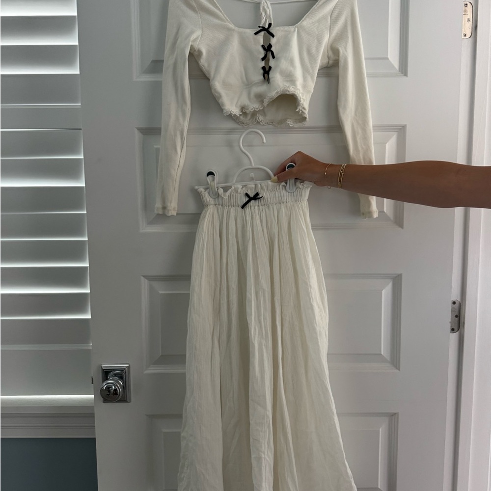Free People Set White long sleeve top, and maxi skirt with black bows